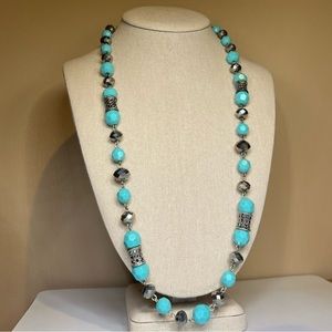 VINTAGE Rope Necklace Trifari |Signed Turquoise Colored Beads Silver Toned Chain